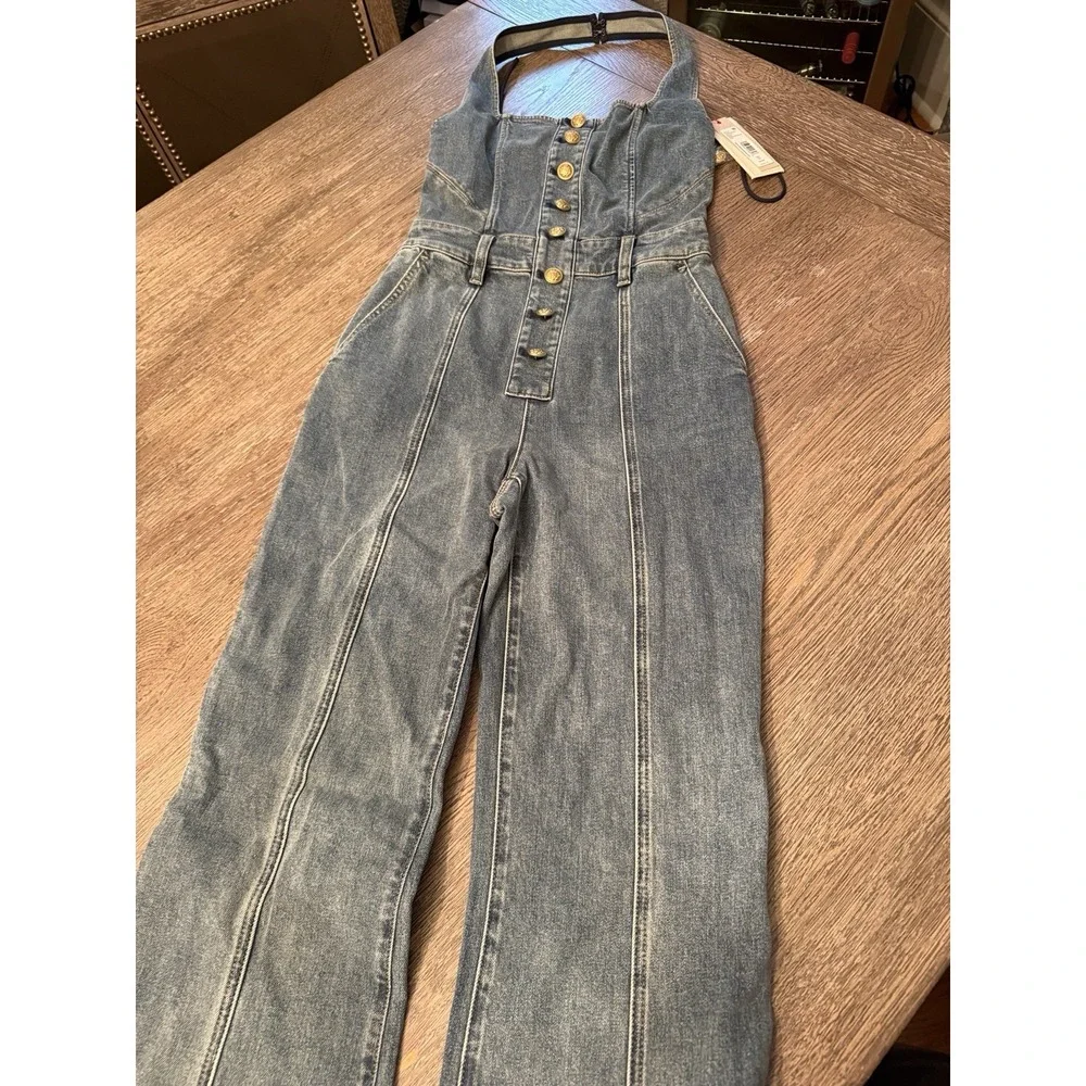 $550 NWT Alice+Olivia Gorgeous Pennie Denim Bootleg Halter Jumpsuit - Picture 7 of 16